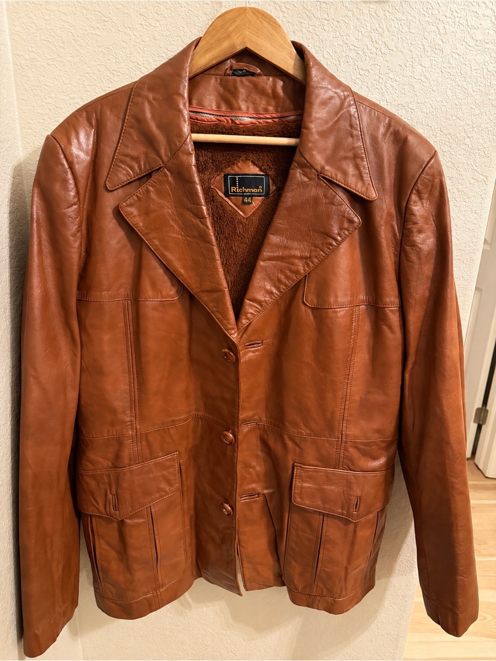Vintage Richman 70s Cognac Leather Coat Removable Liner Men’s 44